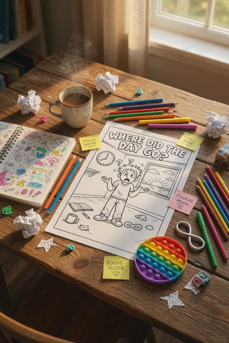 Puede incluir: Un escritorio de madera con una taza de caf&eacute;, l&aacute;pices de colores, una p&aacute;gina para colorear con el texto "WHERE DID THE DAY GO?", un cuaderno, notas adhesivas, un juguete pop-it y papel arrugado.