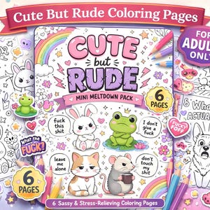 May include: A set of six coloring pages titled Cute But Rude Mini Meltdown Pack featuring cartoon animals like a rabbit, frog, cat, and mouse with sassy text. The pages include black and white line art illustrations with colorful accents.