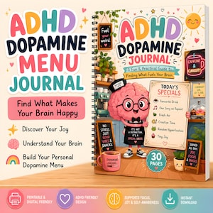 May include: A spiral-bound ADHD Dopamine Menu Journal featuring a cartoon brain character wearing glasses and a bowtie. The cover displays the text ADHD Dopamine Journal, A Fun & Practical Guide to Finding What Fuels Your Brain, and a menu board titled Today's Specials with icons for drinks, music, nature, creativity, and snacks.
