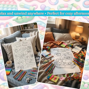 Puede incluir: Dos im&aacute;genes que muestran art&iacute;culos para la relajaci&oacute;n. Una muestra un libro para colorear con el texto "ADHD time is not linear" y l&aacute;pices de colores. La otra muestra un libro para colorear con el texto "I'll just rest my eyes for a second" y l&aacute;pices de colores.
