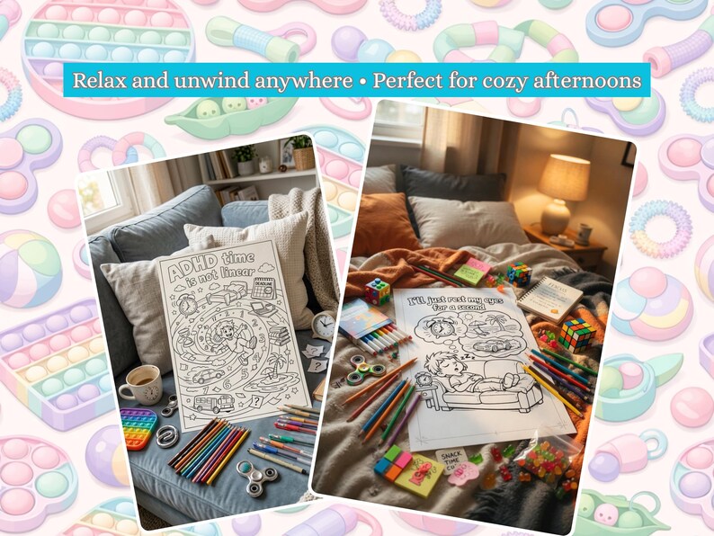 Puede incluir: Dos im&aacute;genes que muestran art&iacute;culos para la relajaci&oacute;n. Una muestra un libro para colorear con el texto "ADHD time is not linear" y l&aacute;pices de colores. La otra muestra un libro para colorear con el texto "I'll just rest my eyes for a second" y l&aacute;pices de colores.
