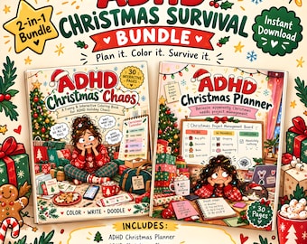 Op de afbeelding: Een 2-in-1 ADHD Christmas Survival Bundle met twee boeken: ADHD Christmas Chaos en ADHD Christmas Planner. De covers tonen feestelijke illustraties van mensen die kersttaken beheren, omringd door kerstbomen, cadeaus en tekst.