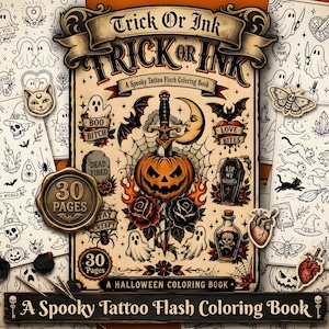 以下が含まれることがあります： Trick Or Inkのタトゥーフラッシュ塗り絵ブック。ハロウィーンをテーマにした30ページのイラストが収録されています。表紙にはカボチャ、短剣、バラが描かれ、その周囲を幽霊、コウモリ、墓石が囲むヴィンテージ風のデザインです。