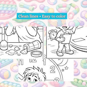 Puede incluir: P&aacute;ginas para colorear con l&iacute;neas limpias y dise&ntilde;os f&aacute;ciles de colorear. Las p&aacute;ginas presentan varias escenas, incluyendo una cocina, un ni&ntilde;o con un portapapeles y una esfera de reloj. El fondo est&aacute; lleno de coloridos juguetes fidget.