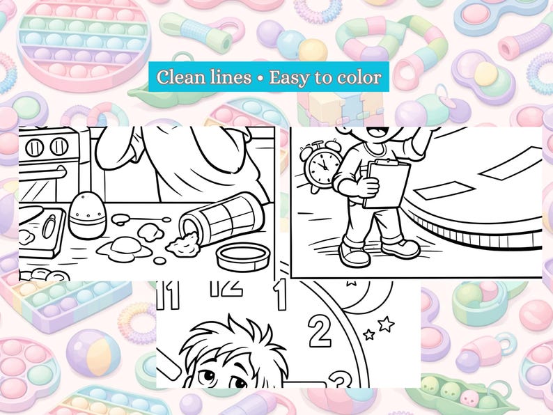 Puede incluir: P&aacute;ginas para colorear con l&iacute;neas limpias y dise&ntilde;os f&aacute;ciles de colorear. Las p&aacute;ginas presentan varias escenas, incluyendo una cocina, un ni&ntilde;o con un portapapeles y una esfera de reloj. El fondo est&aacute; lleno de coloridos juguetes fidget.