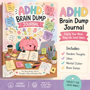 May include: A hardback ADHD Brain Dump Journal featuring a cartoon pink brain writing in a notebook. The cover displays colourful sticky notes with text like Don't forget laundry and New business idea, alongside a coffee cup and laptop.