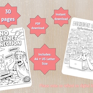 May include: Two black and white coloring pages featuring line art illustrations. One page shows a person with a router and the text NO INTERNET CONNECTION AAAAGH! The other page shows a person at a laptop with the text DECISION FATIGUE Reading Reviews for 2 Hours. Pink star-shaped labels display 30 pages, Instant download, PDF download, and Includes: A4 + US Letter Size.