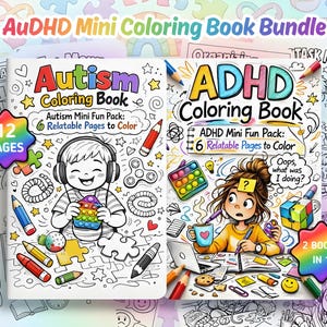 Könnte beinhalten: Ein Bundle aus zwei Mini-Malbüchern, eines mit der Aufschrift "Autism Coloring Book" und das andere mit "ADHD Coloring Book". Jedes Buch zeigt Cartoon-Illustrationen und den Text "Mini Fun Pack: 6 Relatable Pages to Color". Das Bundle umfasst 12 Seiten.