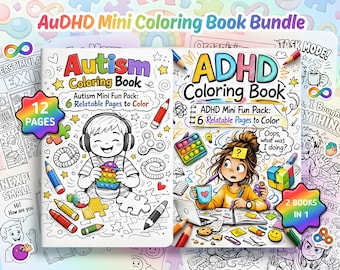 May include: A bundle of two mini coloring books, one labeled "Autism Coloring Book" and the other "ADHD Coloring Book." Each book features cartoon illustrations and the text "Mini Fun Pack: 6 Relatable Pages to Color." The bundle includes 12 pages and is designed for coloring.