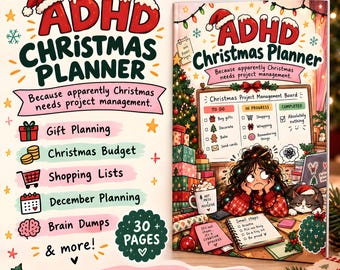 May include: An ADHD Christmas Planner book with a festive cover featuring a person and cat surrounded by holiday decorations. The cover includes the text ADHD Christmas Planner, Because apparently Christmas needs project management, and a project board graphic.