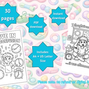 Puede incluir: Descarga digital de un libro para colorear con el texto "I LIVE IN TIME CONFUSION" y "I thought it was morning...it was afternoon". Incluye 30 p&aacute;ginas, descarga PDF y tama&ntilde;o A4 + US Letter. Fondo con juguetes coloridos.