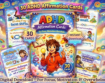 ADHD-bevestigingskaarten Afdrukbare zelfzorg- en focusondersteuningskaarten voor ADHD, neurodivergente geestelijke gezondheid digitale download