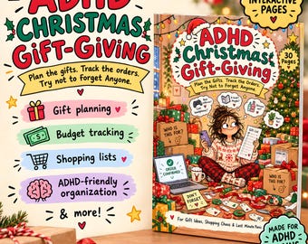 May include: A book titled ADHD Christmas Gift-Giving with 30 interactive pages for planning gifts and tracking orders. The cover features a person surrounded by presents, a laptop showing order confirmed, and text about ADHD-friendly organization.