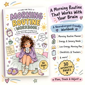 May include: A Morning Routine Workbook by Curly Ink Tales featuring a cartoon illustration of a person sitting on a bed with a mug. The cover includes text about neurodivergent-friendly mornings and 30 pages. The right side lists features like a planner, energy and sensory needs, low-energy morning plan, and checklists.