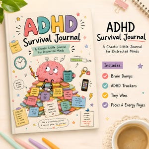 May include: A hardback ADHD Survival Journal with a cream cover featuring a cartoon brain sitting on a pile of colourful sticky notes. The text reads ADHD Survival Journal, A Chaotic Little Journal for Distracted Minds, and includes lists for Brain Dumps, ADHD Trackers, Tiny Wins, and Focus & Energy Pages.