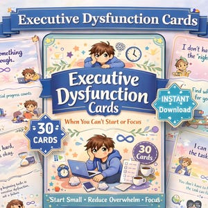 Könnte beinhalten: Abbildung von "Executive Dysfunction Cards" mit Illustrationen und Text. Die Karten bieten Ratschläge für das Aufgabenmanagement. Das Design umfasst ein blaues Banner mit dem Produktnamen und der Aufschrift "30 Karten".