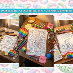 Puede incluir: Una colecci&oacute;n de p&aacute;ginas para colorear con l&aacute;pices de colores y juguetes fidget. Las p&aacute;ginas presentan dibujos lineales con textos como "Where did the day go?" y "Time disappeared while I was thinking about starting." La imagen tambi&eacute;n incluye el texto "Print at home or at your local shop."