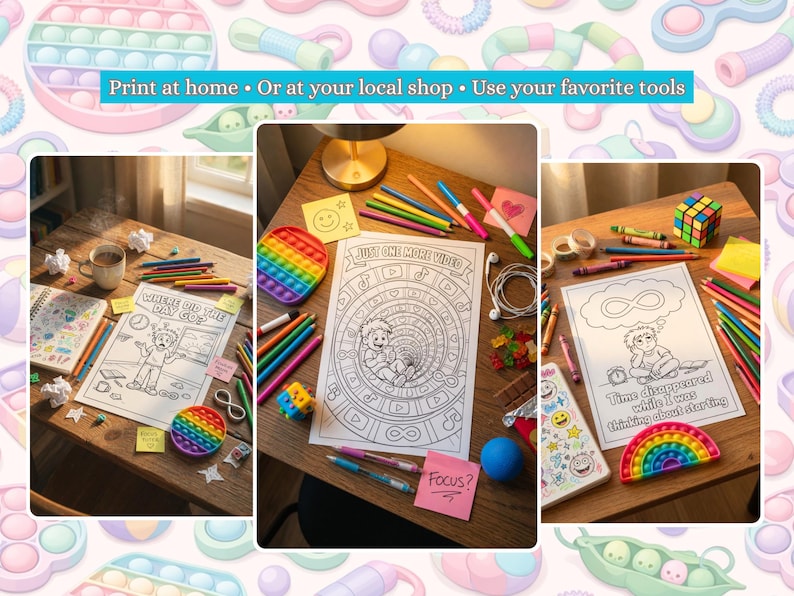 Puede incluir: Una colecci&oacute;n de p&aacute;ginas para colorear con l&aacute;pices de colores y juguetes fidget. Las p&aacute;ginas presentan dibujos lineales con textos como "Where did the day go?" y "Time disappeared while I was thinking about starting." La imagen tambi&eacute;n incluye el texto "Print at home or at your local shop."