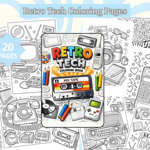 May include: A coloring book titled "Retro Tech Coloring Book" with 20 pages, featuring retro technology illustrations. The cover shows a cassette tape, pencils, and the book's title. Surrounding pages depict various retro tech items like a TV, phone, and radio.