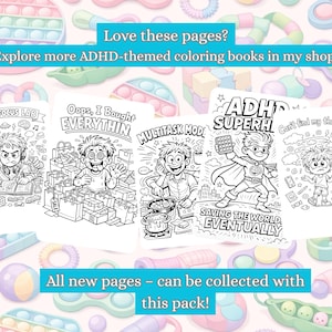 Puede incluir: Una colecci&oacute;n de libros para colorear en blanco y negro con tem&aacute;tica TDAH. Las portadas presentan ilustraciones de dibujos animados con texto como "Hyperfocus Lab" y "Oops, I Bought Everything". La imagen incluye texto que dice "Love these pages? Explore more ADHD-themed coloring books in my shop!"