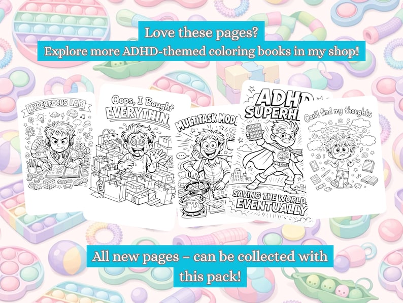 Puede incluir: Una colecci&oacute;n de libros para colorear en blanco y negro con tem&aacute;tica TDAH. Las portadas presentan ilustraciones de dibujos animados con texto como "Hyperfocus Lab" y "Oops, I Bought Everything". La imagen incluye texto que dice "Love these pages? Explore more ADHD-themed coloring books in my shop!"