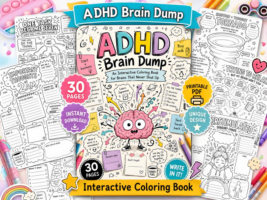 Adhd Overthinking ADHD Brain Dump Interactive Coloring Book | Coloring, Doodling ...