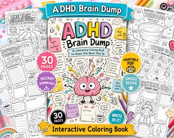 Op de afbeelding: Een interactief kleurboek getiteld ADHD Brain Dump met een centrale cartoon-hersenenfiguur met ogen en sneakers. De omslag bevat diverse handgetekende krabbels, plakbriefjes en tekstvakken. Het boek bevat 30 pagina's voor organisatie en creatieve expressie, gepresenteerd in een printbaar PDF-formaat met een uniek ontwerp voor het beheren van gedachten.