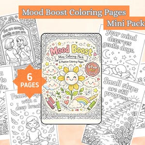 Mini pacchetto di pagine da colorare per migliorare l'umore con affermazioni positive, per la cura di sé, stampabile e scaricabile in formato digitale (6 pagine).