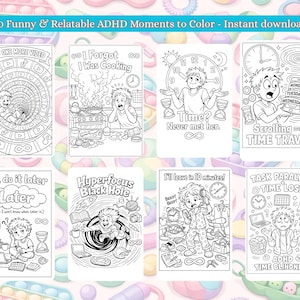 Puede incluir: P&aacute;ginas para colorear en blanco y negro con ilustraciones humor&iacute;sticas sobre el TDAH. Las p&aacute;ginas presentan textos como "Solo un v&iacute;deo m&aacute;s", "Olvid&eacute; que estaba cocinando" y "Scrolling = Viaje en el tiempo". El t&iacute;tulo es "30 Funny & Relatable ADHD Moments to Color - Instant download".