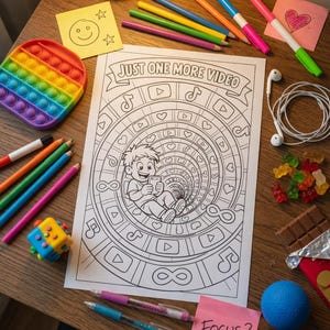 Puede incluir: Una p&aacute;gina para colorear con el texto "JUST ONE MORE VIDEO" y un dise&ntilde;o en espiral con iconos de redes sociales. La imagen incluye un juguete pop-it arco&iacute;ris, l&aacute;pices de colores, bol&iacute;grafos y una nota adhesiva que dice "Focus?"