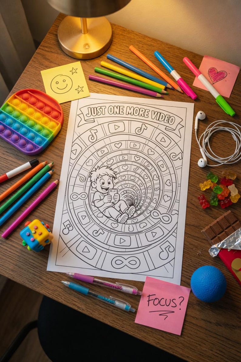 Puede incluir: Una p&aacute;gina para colorear con el texto "JUST ONE MORE VIDEO" y un dise&ntilde;o en espiral con iconos de redes sociales. La imagen incluye un juguete pop-it arco&iacute;ris, l&aacute;pices de colores, bol&iacute;grafos y una nota adhesiva que dice "Focus?"
