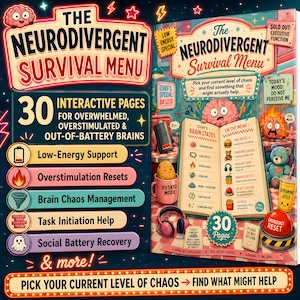 May include: The Neurodivergent Survival Menu is a book featuring 30 interactive pages for overwhelmed brains. The cover displays a menu with brain states, a potato in a mug, headphones, a teddy bear, and an emergency reset button graphic.