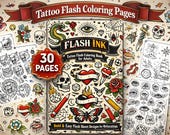 Tattoo Flash Sheet Coloring Pages | Tattoo Coloring Book Printable | Bold Line Art, Classic Tattoo Designs | 30 Pages