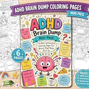 May include: A collection of ADHD Brain Dump colouring pages featuring a central cover sheet with a cartoon brain character, colourful sticky notes, and various doodle elements. The set includes six interactive pages with prompts, checklists, and space for notes, all designed with a playful, hand-drawn aesthetic.