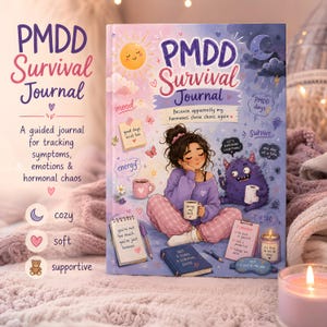 May include: A hardcover book titled PMDD Survival Journal with a pastel illustration of a person holding a mug, a purple monster, and various notes. The cover text reads: Because apparently my hormones chose chaos again and Not a diary, a survival guide.