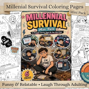 Millennial Survival Coloring Pages | Funny Meme Style Mini Pack | Relatable Adult Humor Coloring Book | 6 Page Printable