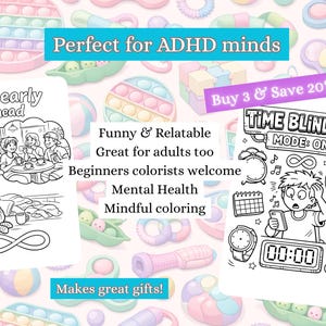Puede incluir: Dos p&aacute;ginas para colorear en blanco y negro con el texto "I was early in my head" y "TIME BLINDNESS MODE: ON". La imagen tambi&eacute;n incluye el texto "Perfect for ADHD minds" y "Makes great gifts!"