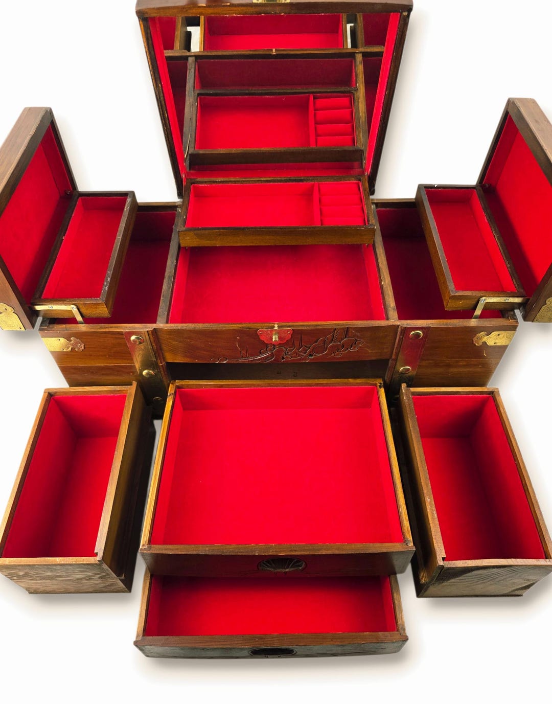 Vintage Hand Carved Wood and Brass Jewelry Chest Box With 2 Hidden ...