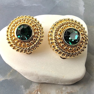 Vintage Swarovski Emerald Crystal Gold Tone Clip Earrings