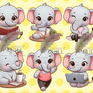 Playful Elephant Clipart – Elephants Reading, Exercising, Drinking Coffee, and More – Printable Digital Files - PNG