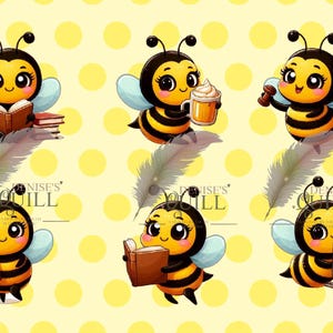 May include: A repeating pattern featuring cartoon bees with yellow and black stripes, blue wings, and large eyes. The bees are shown with books, coffee, and a laptop, set against a yellow polka dot background.