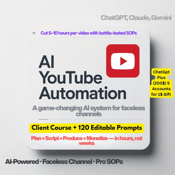 AI YouTube Automation Bundle: Client Course + 120 Editable Prompts - Faceless Channel System -Build & Monetize Faceless Videos Fast -ChatGpt