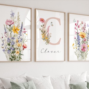 Custom Set of 3 Wildflowers Prints, Floral Nursery Wall Art, Boho Baby Girl Nursery Decor, Watercolor Flowers, Personalised Name Printable