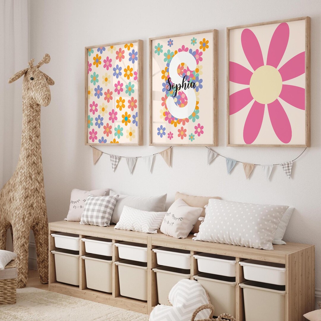 Custom Set of 3 Nursery Daisy Wall Art, Personalized Name Sign Prints ...