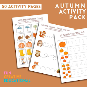 Può includere: Un pacchetto di attività a tema autunnale con 50 pagine. Il pacchetto include giochi di memoria, tracciamento di animali e attività di tracciamento di numeri. Le pagine presentano illustrazioni di zucche, animali e altre immagini a tema autunnale. Il testo sulla copertina recita "Autumn Activity Pack".