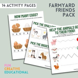 May include: A set of educational activity pages titled "Farmyard Friends Pack." The pages feature illustrations of farm animals and activities like counting eggs, picking the biggest, and helping animals find food. The text includes "14 Activity Pages" and "Fun Creative Educational."