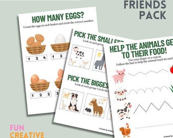 Paquete imprimible de animales de granja / 14 hojas de trabajo para preescolar y niños pequeños / Trazar, unir, colorear, motricidad fina