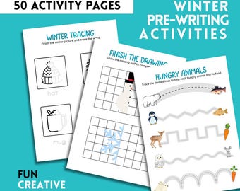 Puede incluir: Páginas de actividades blancas con ejercicios de preescritura con temática invernal. Las páginas incluyen ejercicios de trazo, dibujo y emparejamiento. El texto en las páginas incluye "Winter Tracing", "Finish the Drawing" y "Hungry Animals". El fondo es turquesa.