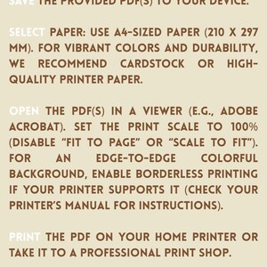 Puede incluir: Instrucciones para imprimir un documento A4 imprimible sobre un fondo beige. El texto aconseja guardar el PDF, seleccionar papel A4 (210 x 297 mm) y usar cartulina para colores vibrantes. Tambi&eacute;n sugiere establecer la escala de impresi&oacute;n al 100%.