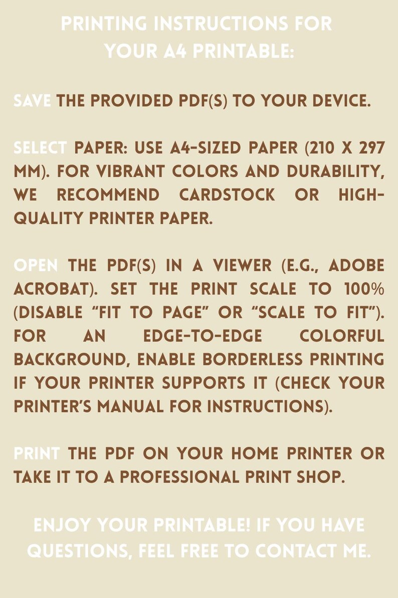 Puede incluir: Instrucciones para imprimir un documento A4 imprimible sobre un fondo beige. El texto aconseja guardar el PDF, seleccionar papel A4 (210 x 297 mm) y usar cartulina para colores vibrantes. Tambi&eacute;n sugiere establecer la escala de impresi&oacute;n al 100%.